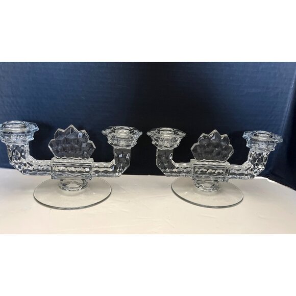 Fostoria American Embossed Crystal Double Candle Holders Set of 2 No Flaws - Picture 1 of 10